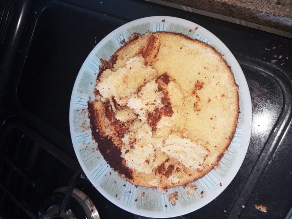 A slightly broken up sponge cake